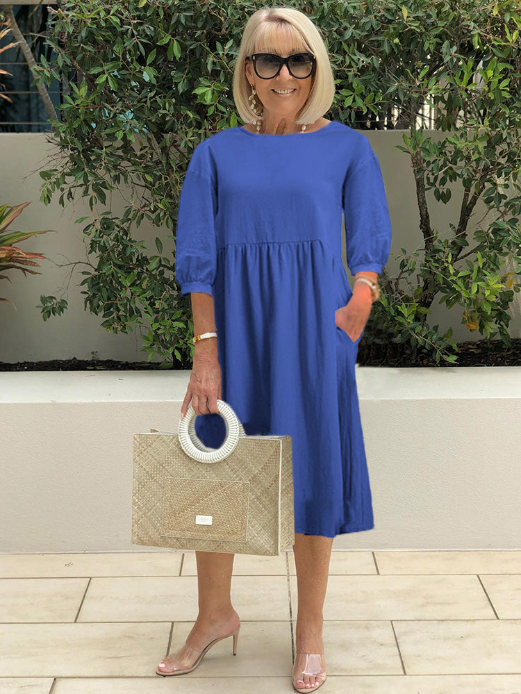 Solid Color Lantern Sleeve Cotton Pocket Midi Tunic Dress