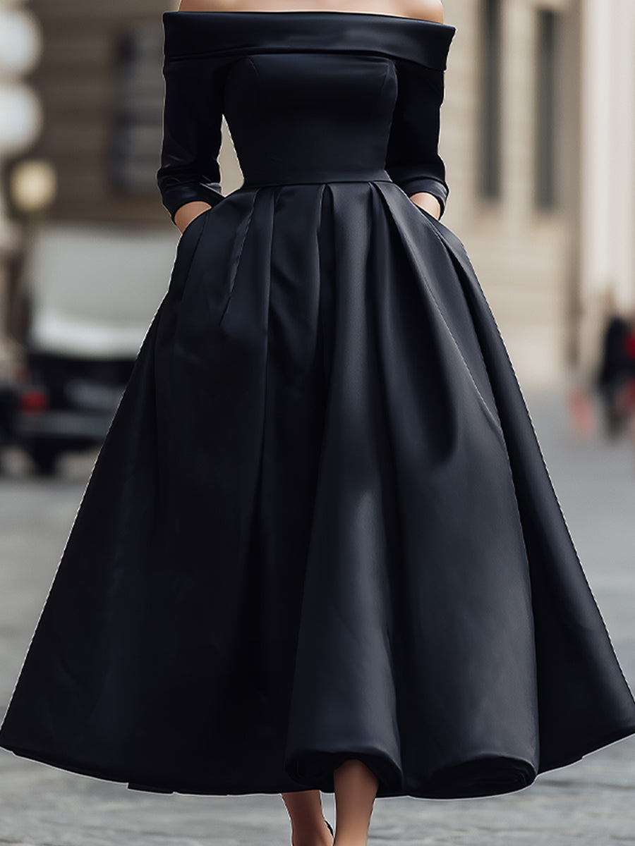 Elegant Off-Shoulder Satin Midi Dress