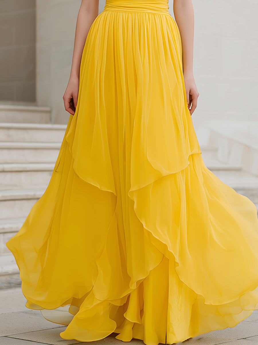 Yellow Halter Neck Pleated Chiffon Maxi Dress With Tiered Hem
