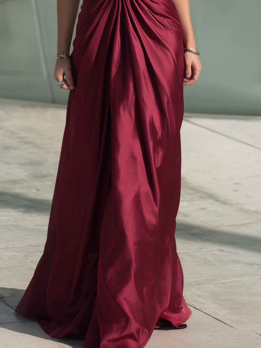 Stunning Halter Neck Burgundy Evening Gown With Elegant Ruched Details