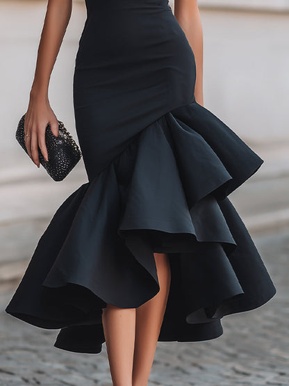 Captivating Poise Asymmetrical Ruffle Mermaid Midi Dress Wedding Guest Perfection