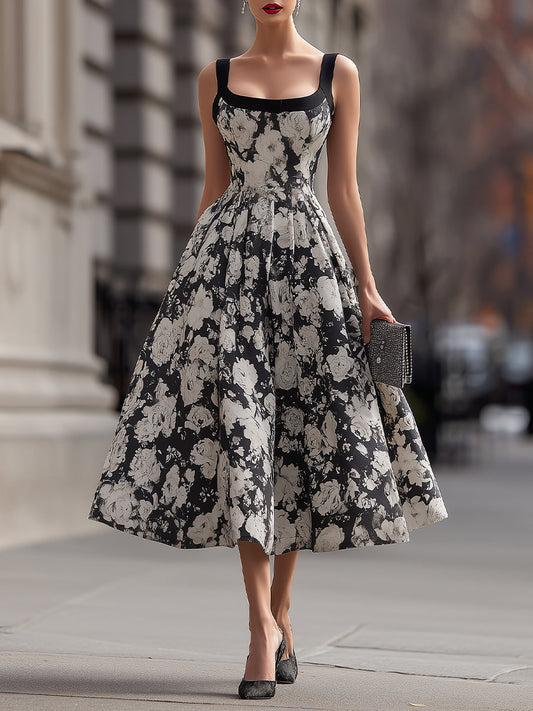 Square Neck Floral A-Line Maxi Dress