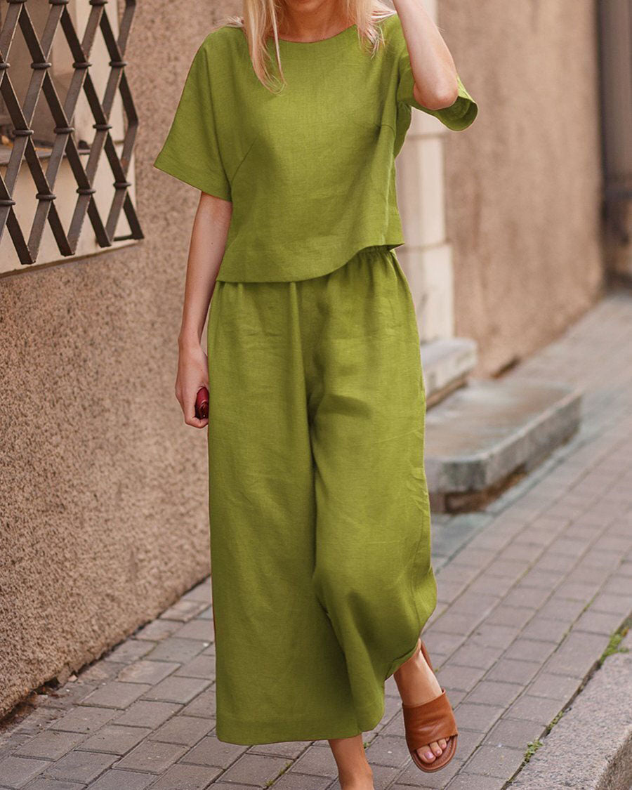 Linen casual loose solid color plus size suit two piece set