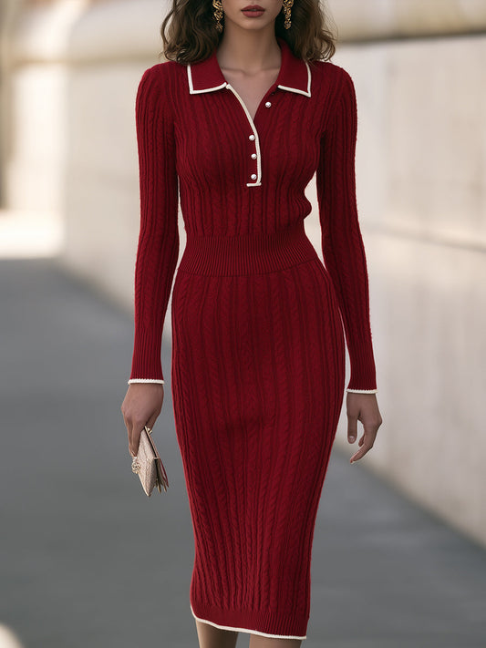 Women's Contrast Collar Cable Knit Long Sleeve Bodycon Sweater Dress
