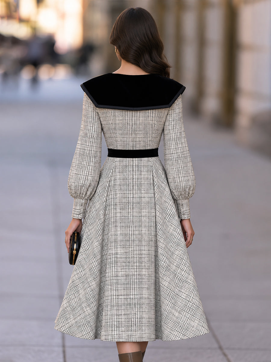 Velvet-Collar Plaid Belted Midi Dress