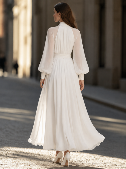 Halter-Neck Balloon-Sleeve Maxi Dress With Ruched Waist