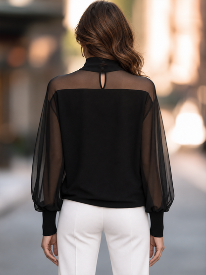 High Neck Top With Sheer Yoke And Balloon Sleeves