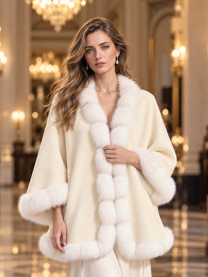 Elegant Shawl Collar Faux Fur Trim Wool Cape Coat