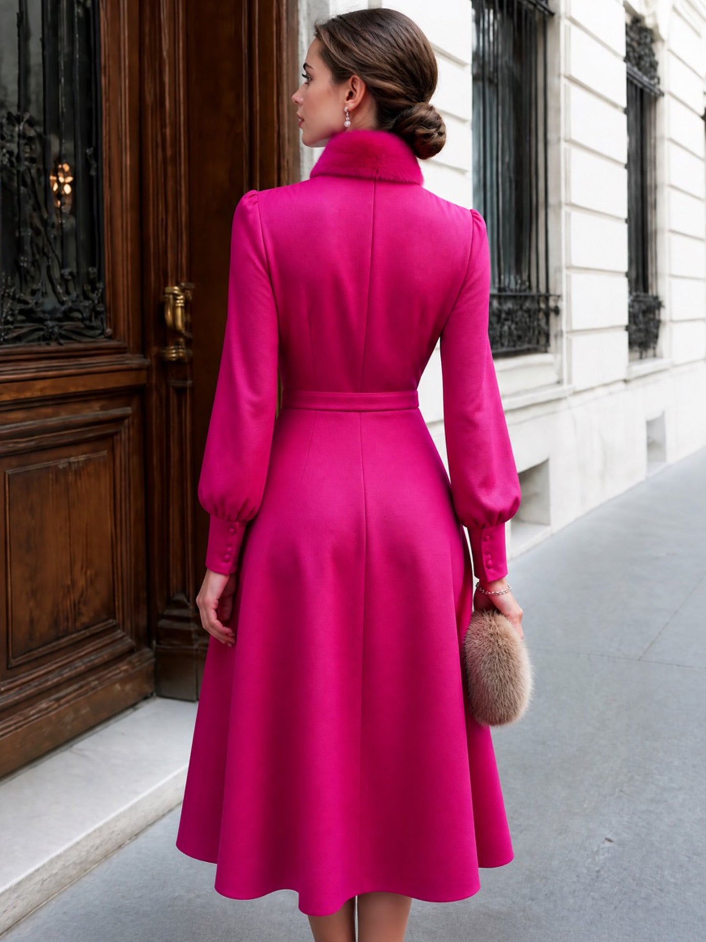 Faux-Fur Collar Puff-Sleeve A-Line Midi Dress