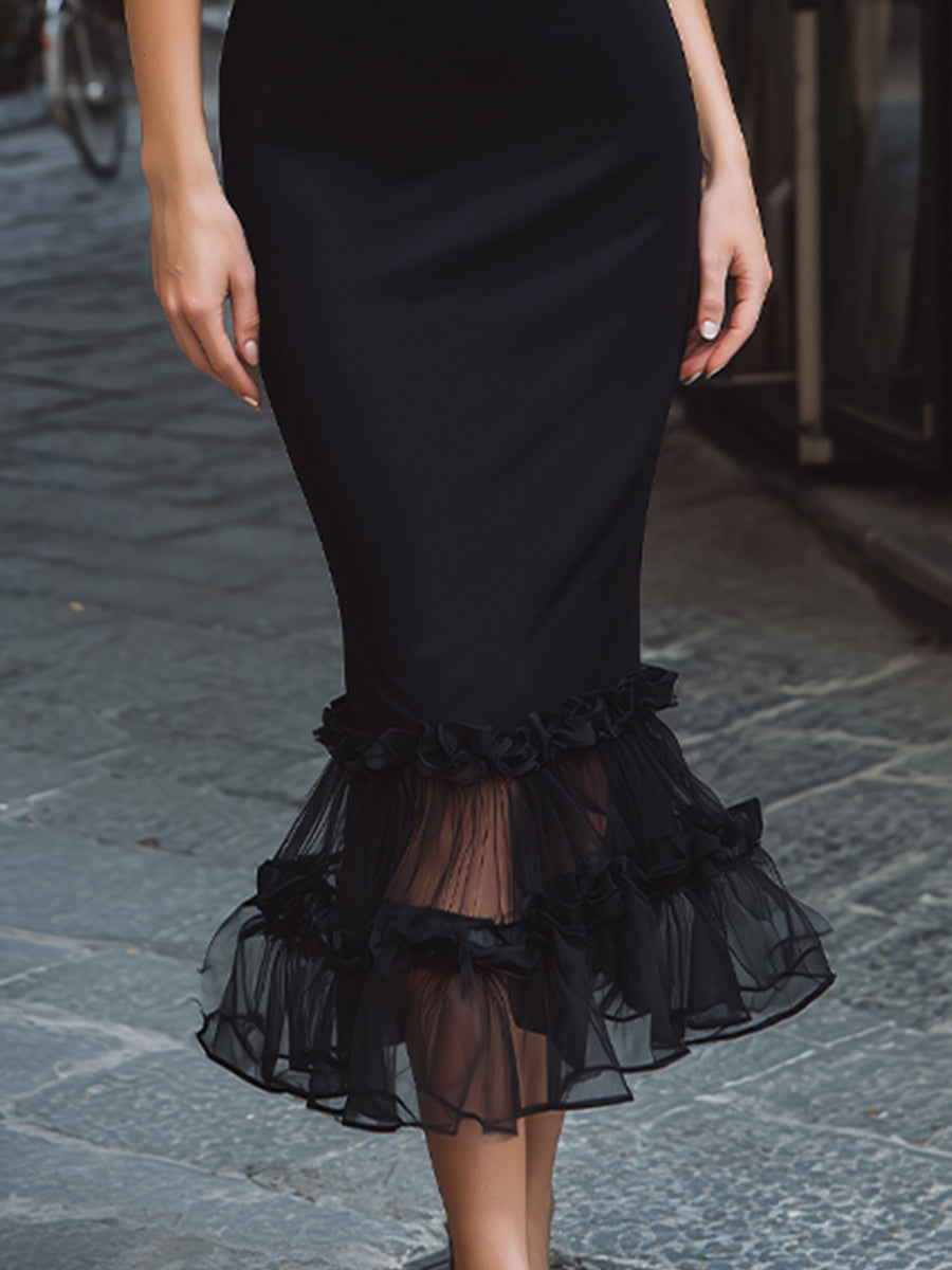 Elegant Sheer-Panel Mermaid Midi Dress