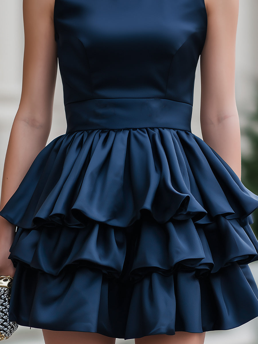 Navy Satin Tiered Ruffle Sleeveless Mini Dress