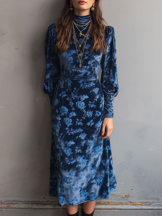 Retro Turtleneck Rose Print Velvet Midi Dress