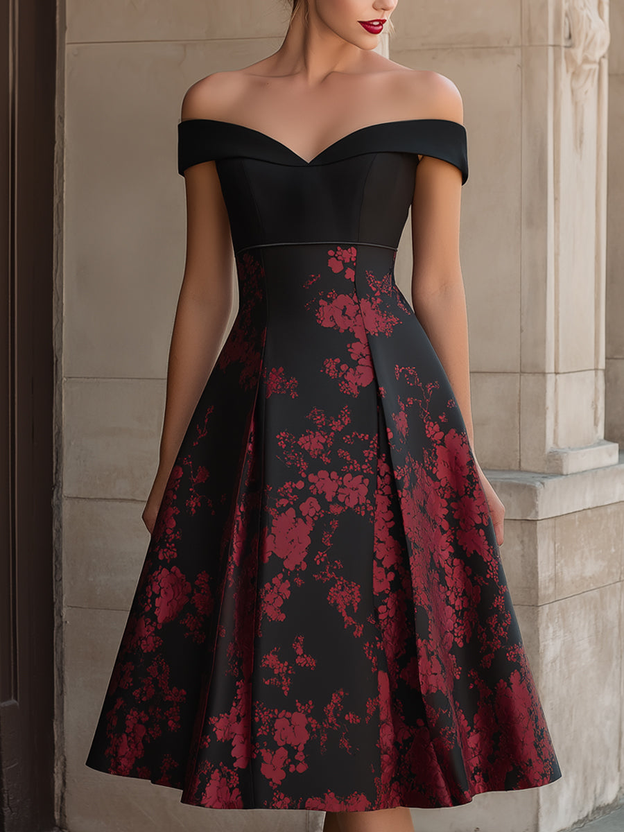 Off-Shoulder Floral Print A-Line Midi Dress