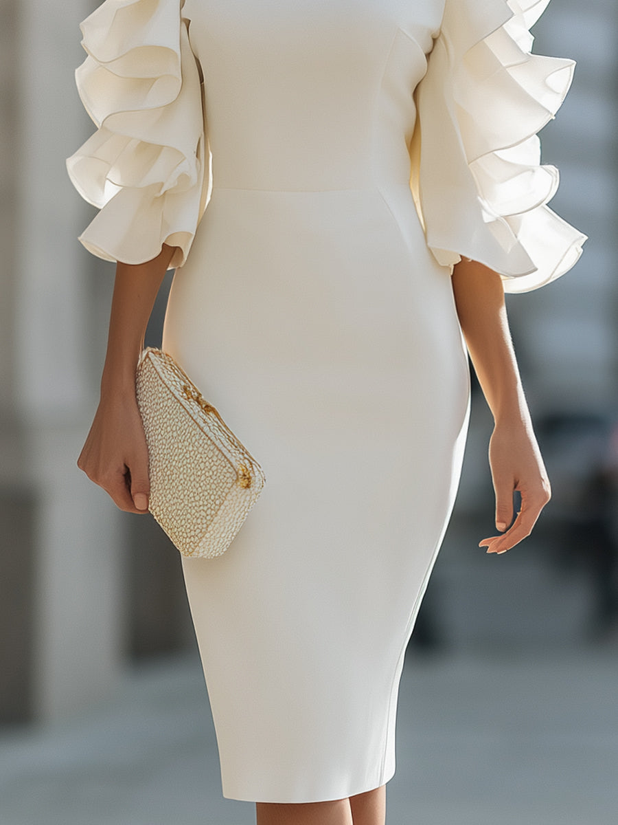 White Dress With Ruffled Sheer Sleeves