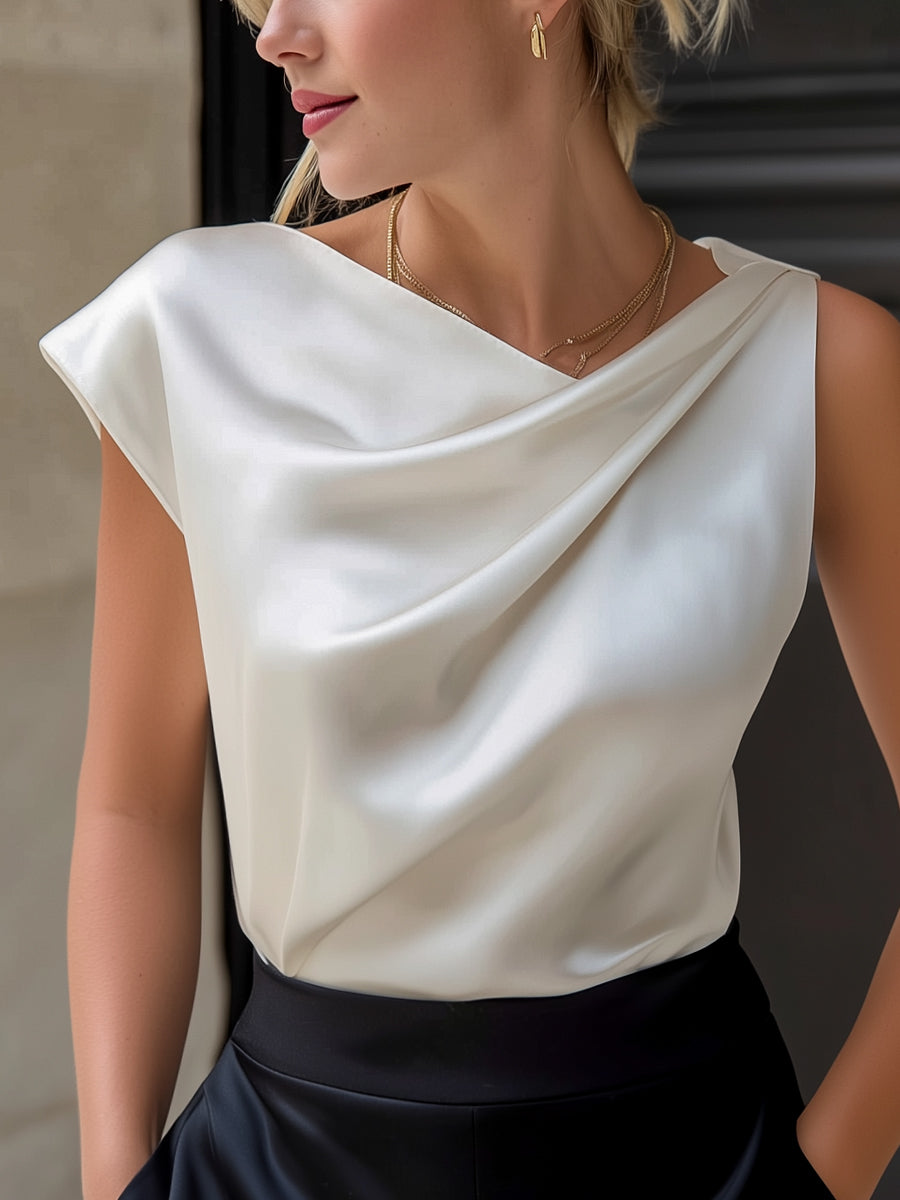 Asymmetric Draped Satin Sleeveless Top Blouse
