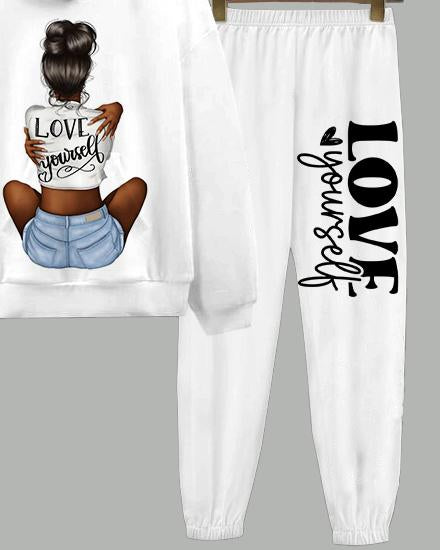 Love Yourself Print Long Sleeve Hoodie Two Pieces Set