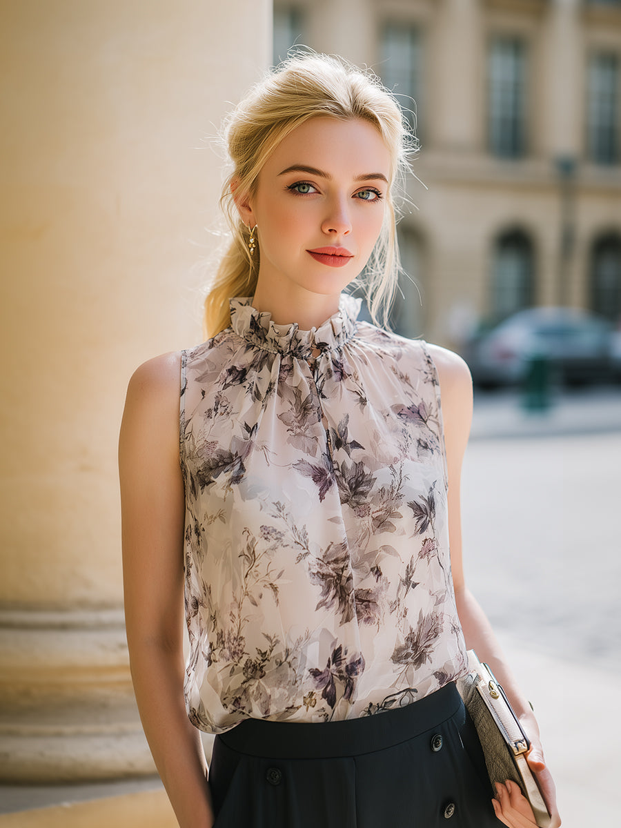 Ruffled High-Neck Floral Sleeveless Blouse