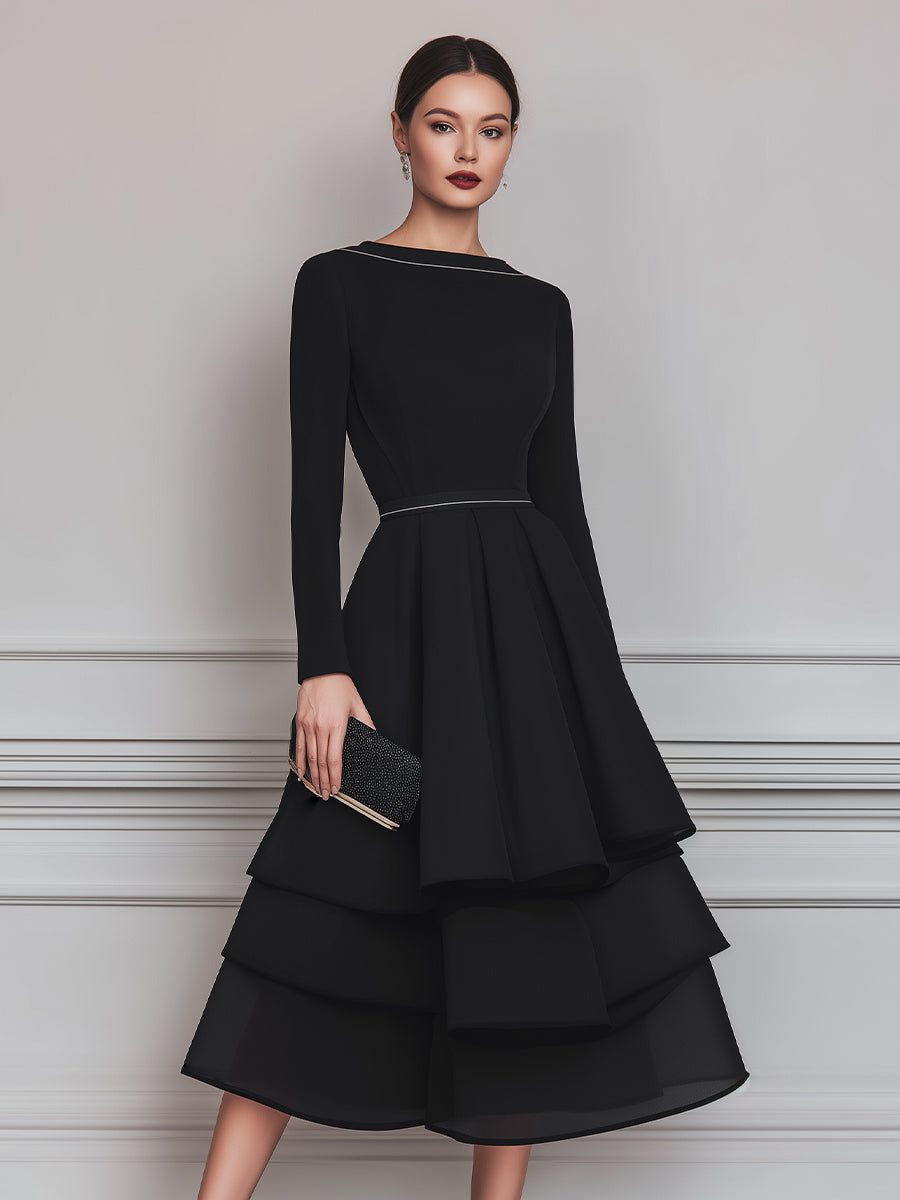 Piped Neck Tiered Midi Dress