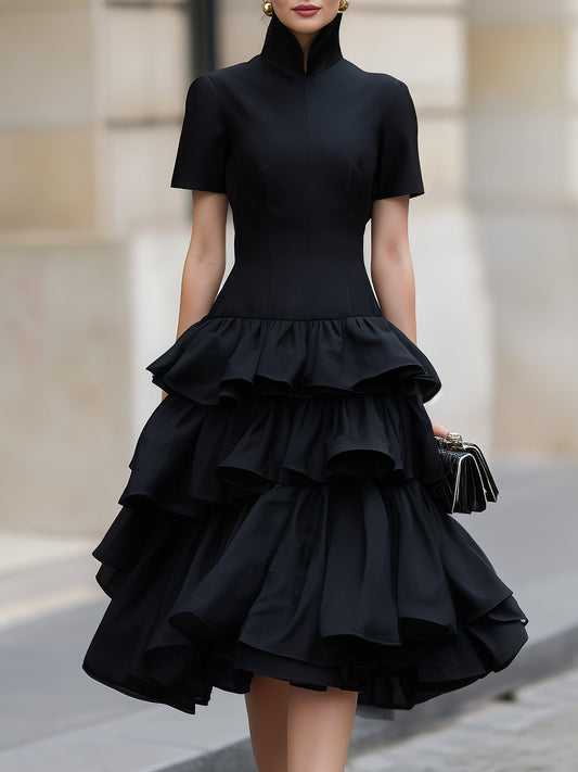 High Neck Tiered Ruffle Midi Dress