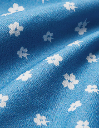 Maxi Linen Dress, 3/4 Sleeves, Stand Collar, Floral, Linen Blend, Blue