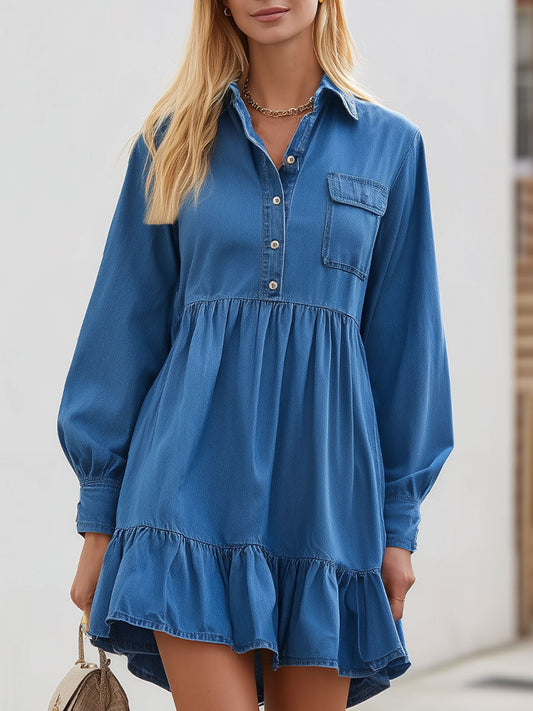 Denim Shirt Dress With Ruffled Hem & Puff Sleeves
