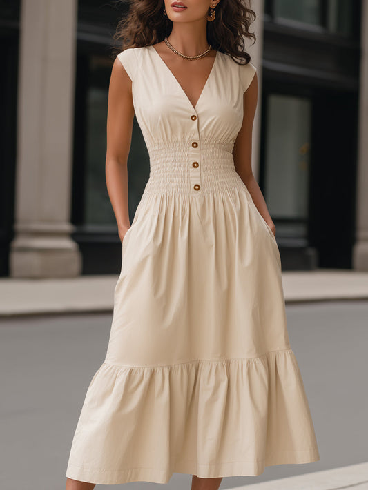 V-Neck Smocked Waist Sleeveless Tiered Midi Dress
