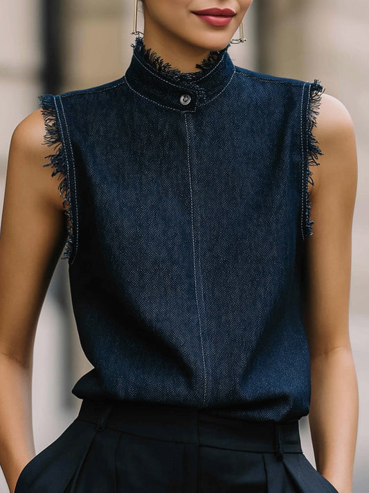 Sleeveless Fringe-Trim Denim Top
