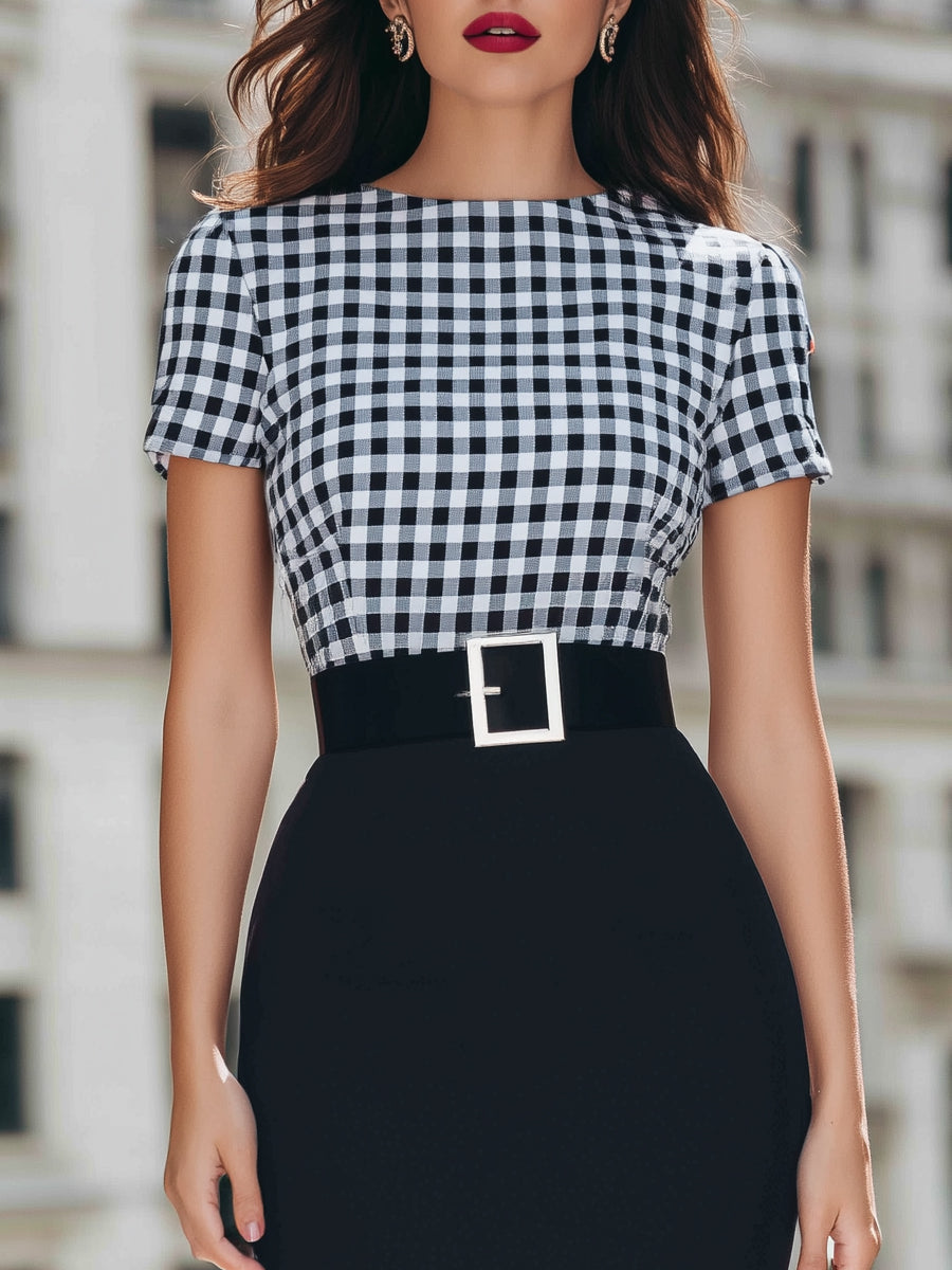 Gingham Top Pencil Dress With Statement Belt