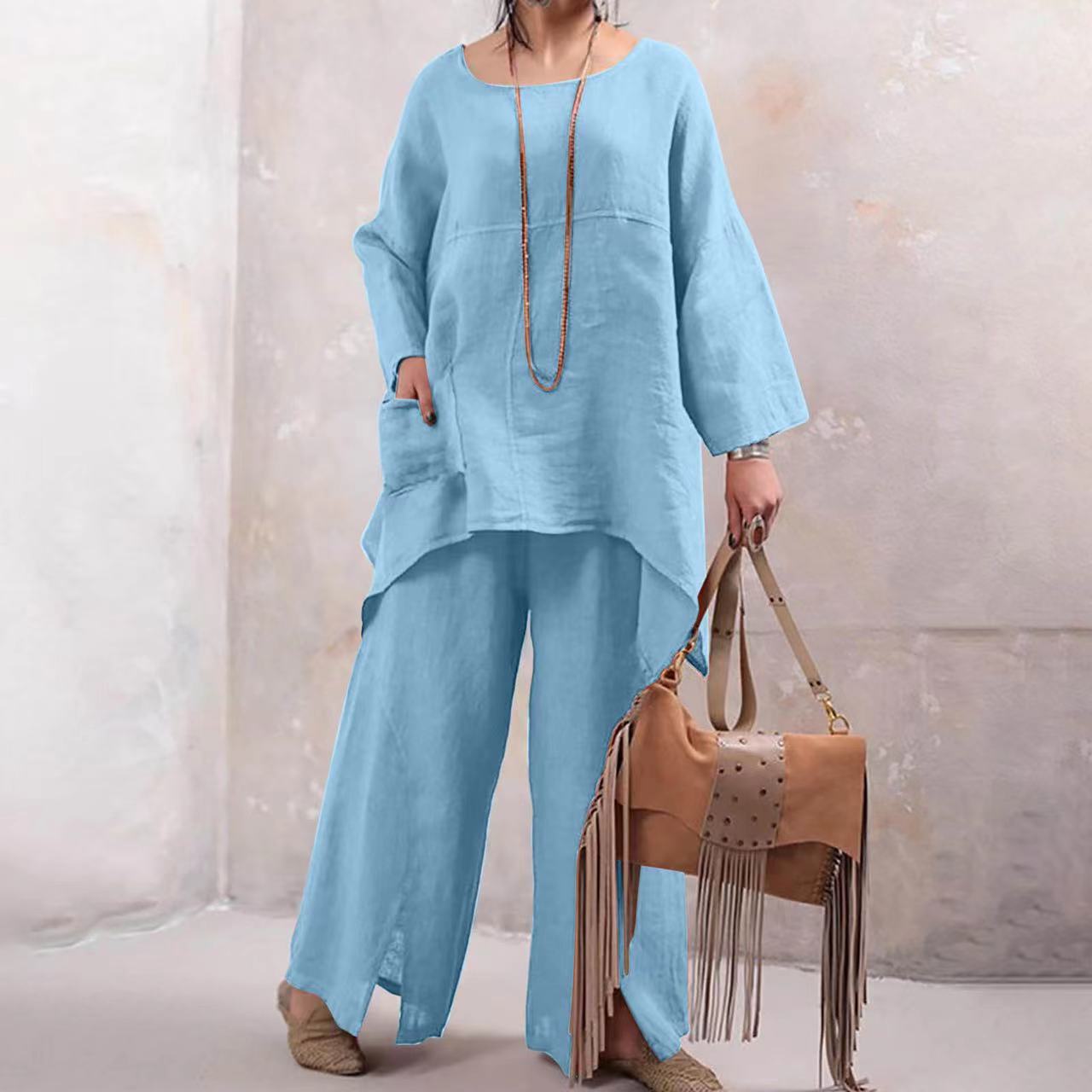 Spring and Autumn Long Sleeve Round Neck Top + Pants Two-Piece Set