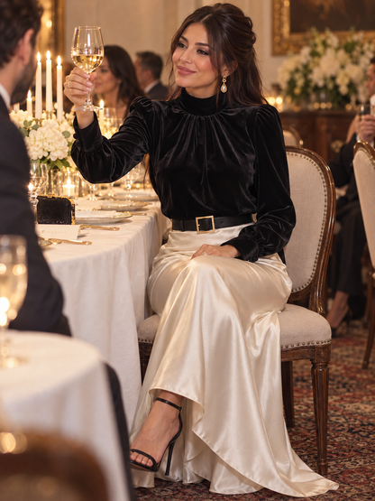 Velvet Mock Neck Gathered Puff Sleeve Blouse