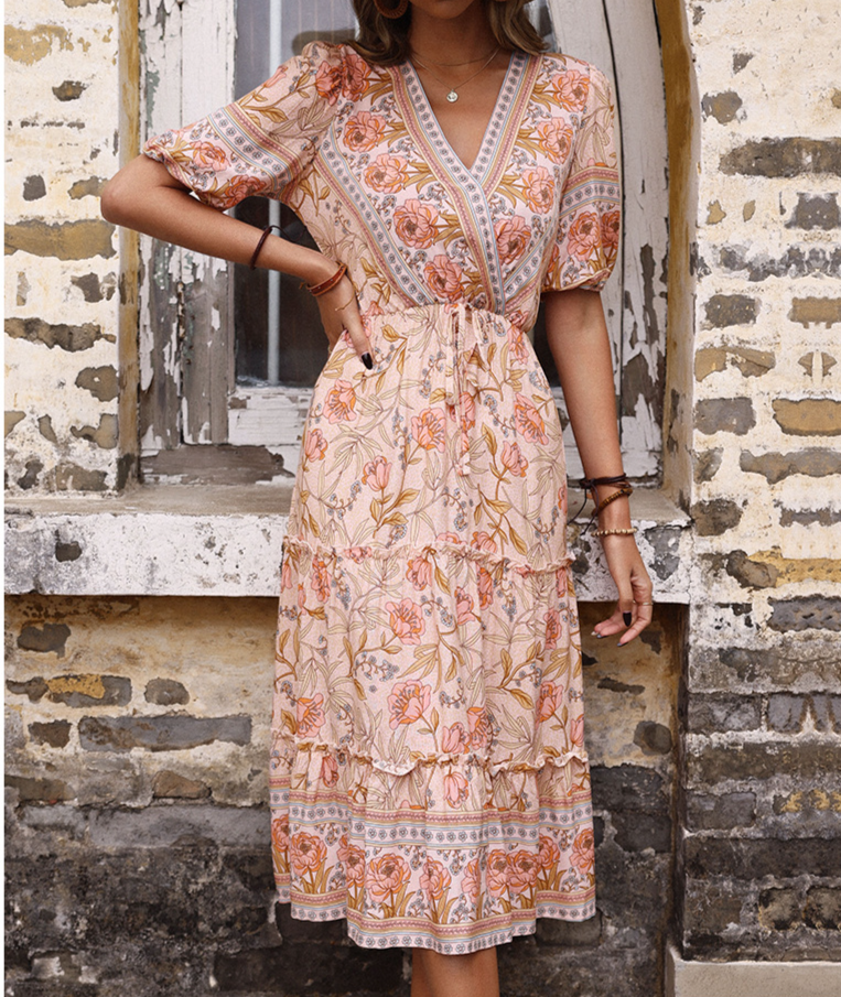 Pink Wooden Ear Printed V-neck Midi Boho Dress