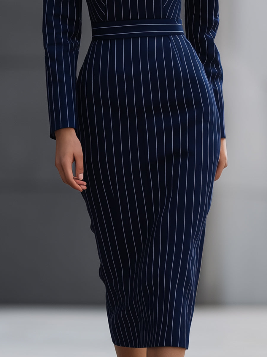 Navy Pinstripe High-Neck Midi Dress
