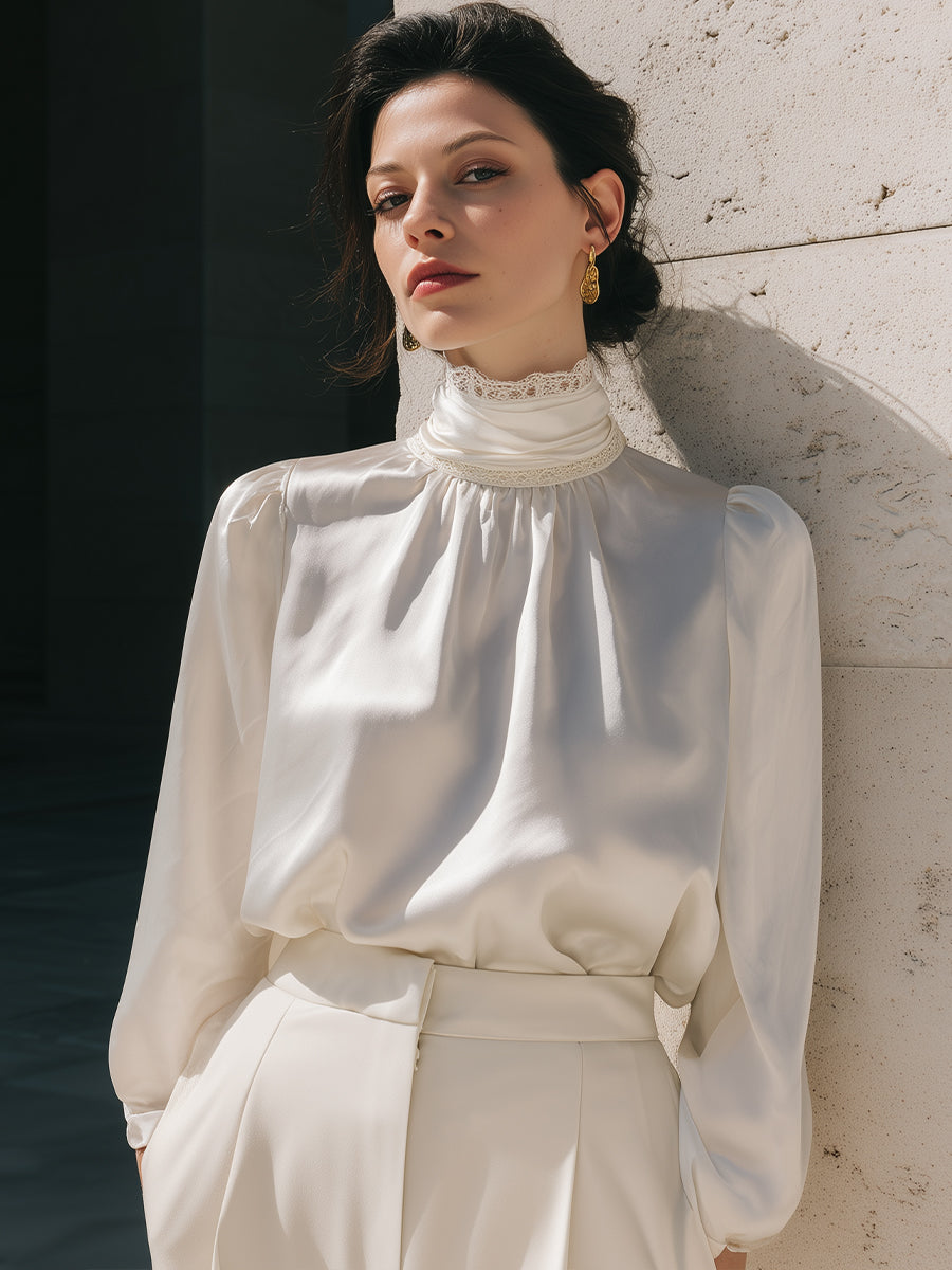 Elegant High-Neck Satin Blouse with Lace Trim