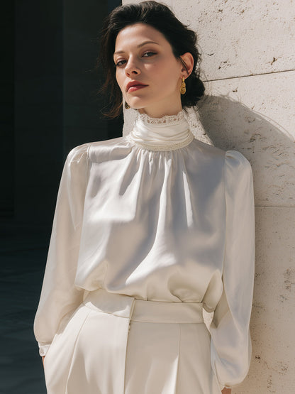 Elegant High-Neck Satin Blouse with Lace Trim
