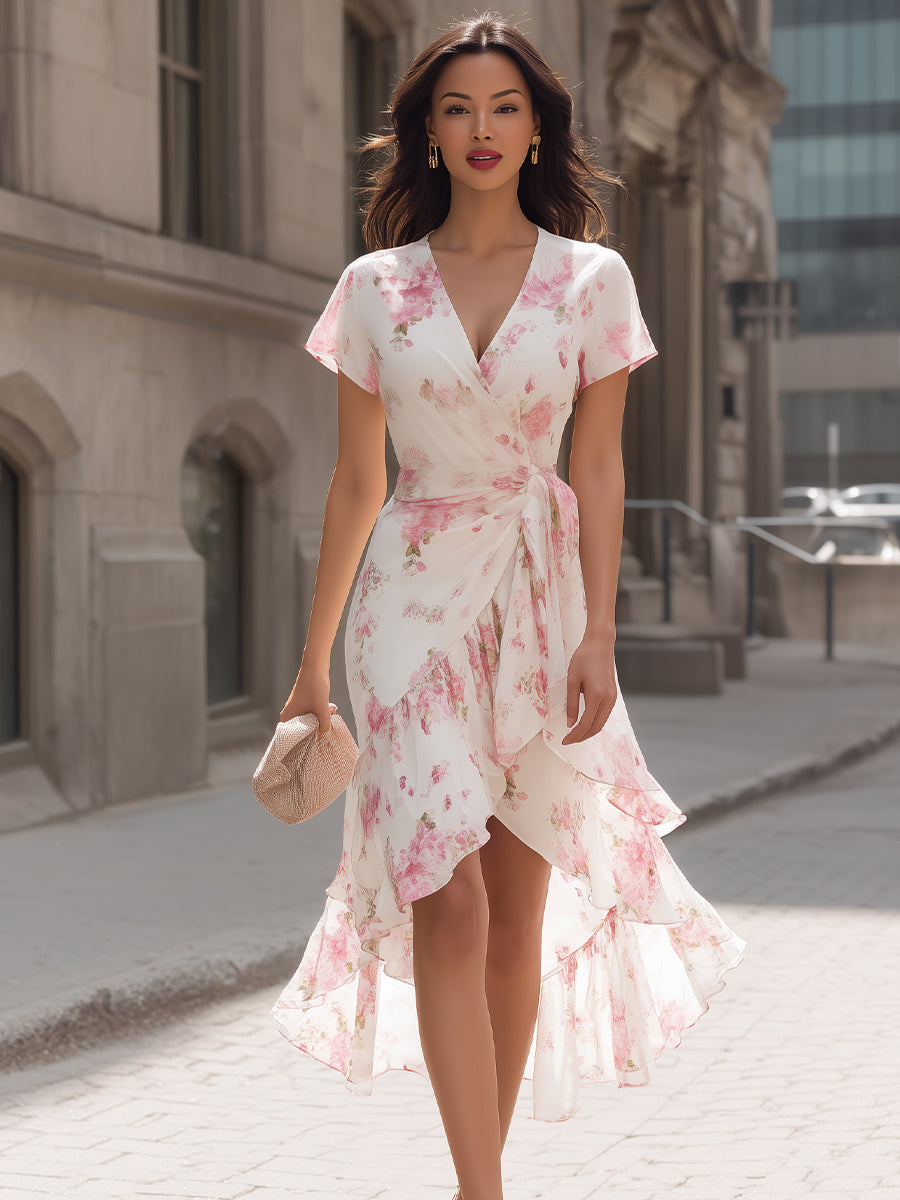 Blush Floral Wrap Midi Dress ¨C Romantic Chiffon Elegance For Effortless Femininity