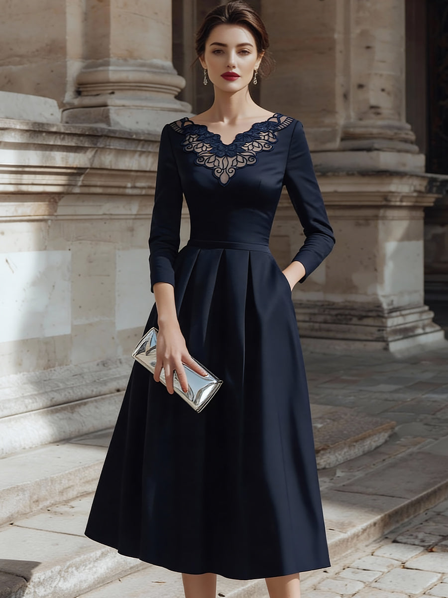 Embroidered Neckline Midi Dress With Defined Waist