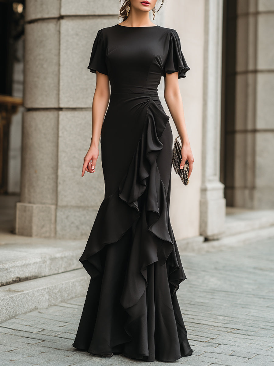 Flutter Sleeve Ruffled Evening Gown