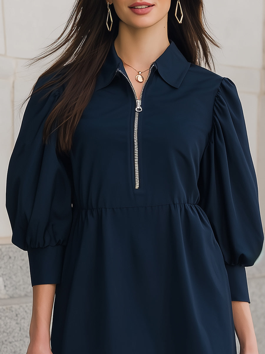 Navy Collared Half-Zip Puff-Sleeve Mini Dress