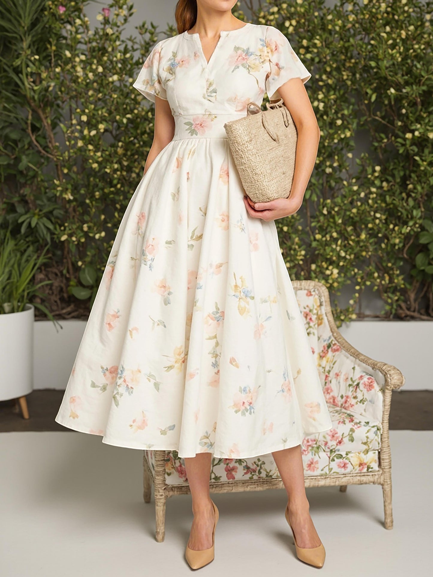 Midi Linen Dress, Short Sleeves, V Neck, Floral, Vintage, White