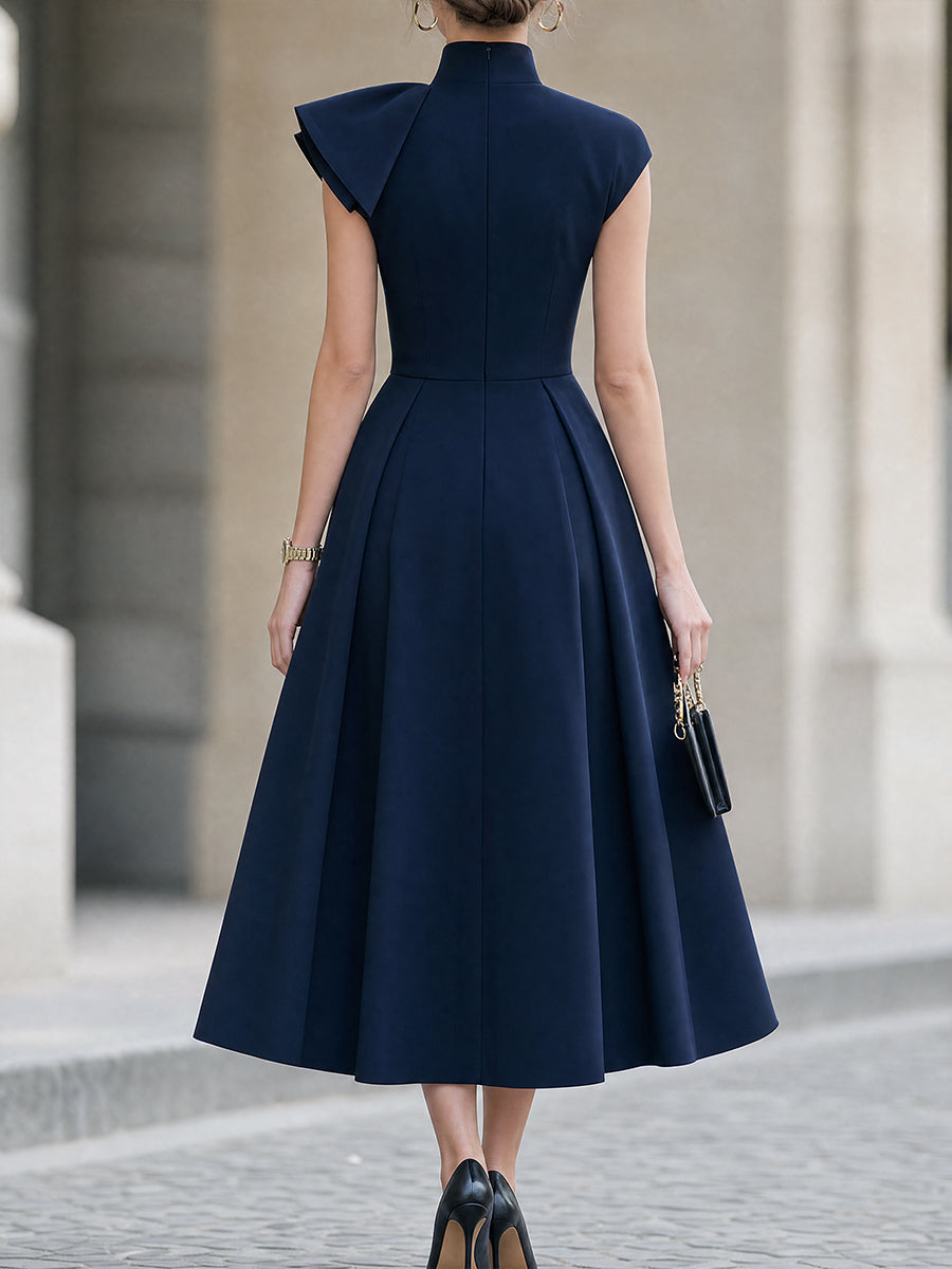 Asymmetric Cape-Sleeve Flare Midi Dress