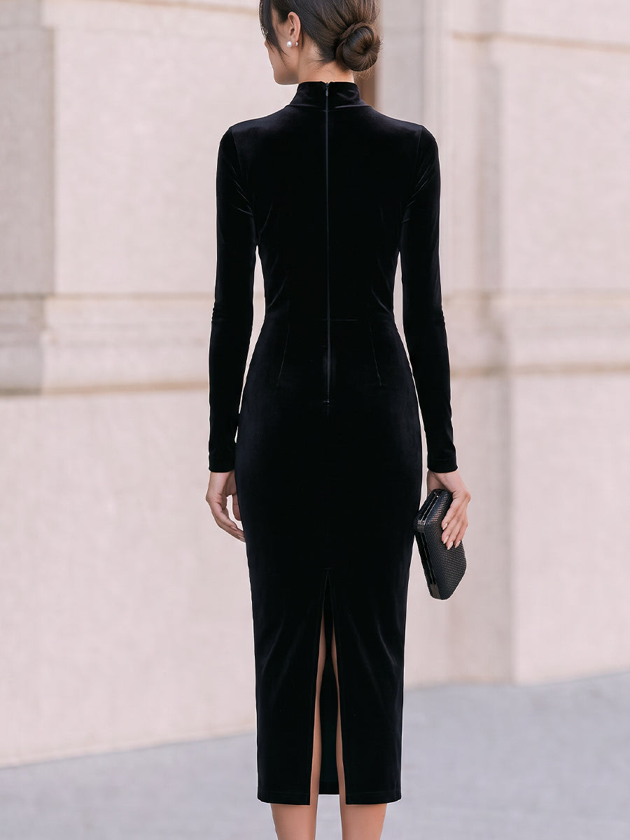 Velvet Lace Slit Turtleneck Midi Dress