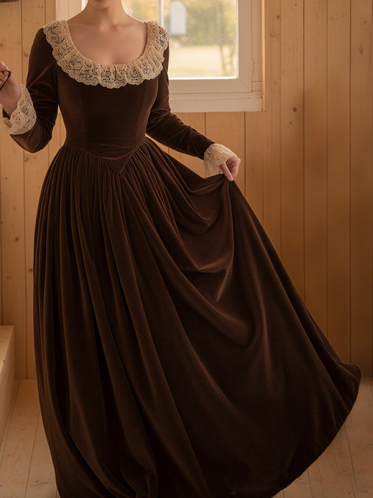 Maxi Cotton Dress, Long Sleeves, Scoop Neck, Plain, Lace, Vintage, Deep Brown