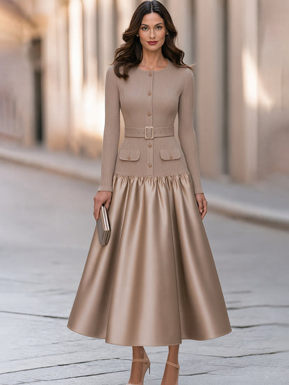 Elegant Ribbed-Knit And Satin Midi Dress With Belt