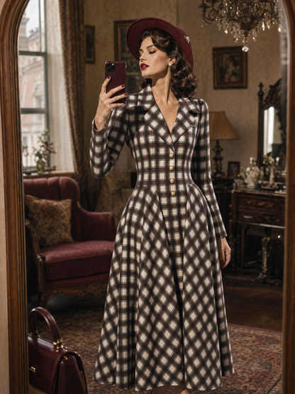 Vintage Plaid Lapel Collar Long Sleeve Fit & Flare Midi Dress