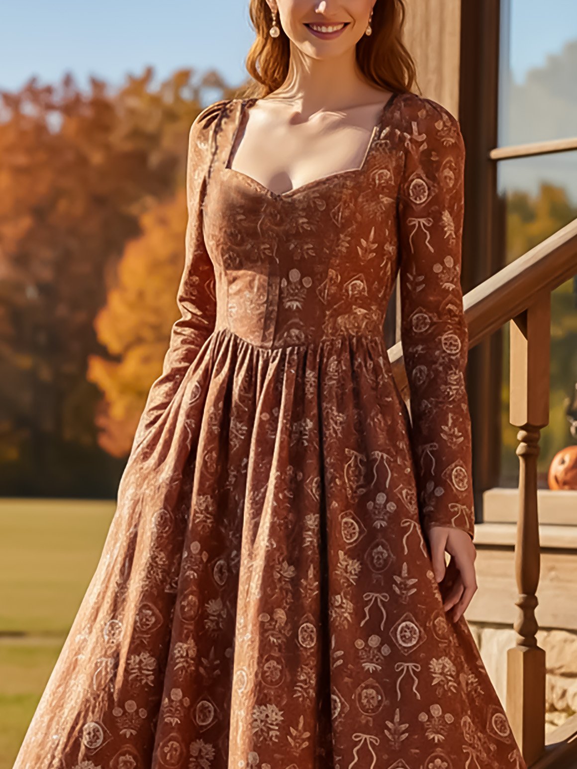 Midi Linen Dress, Long Sleeves, Sweetheart Neck, Floral, Vintage, Caramel