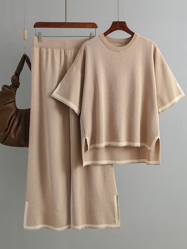 Elegant Contrast Color Split Short-Sleeved Sweater Trousers Two-Piece Set