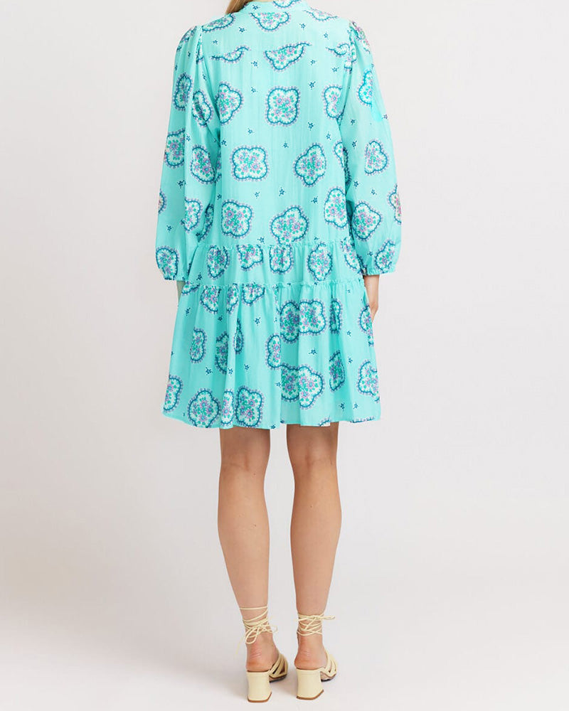 Cropped Sleeve Printed Loose Pleated Dress