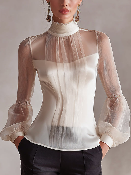 High-Neck Sheer Panel Elegant Long Sleeve Top