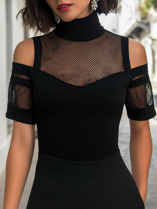 Mesh Panel Mock-Neck Cutout Short Sleeve Top