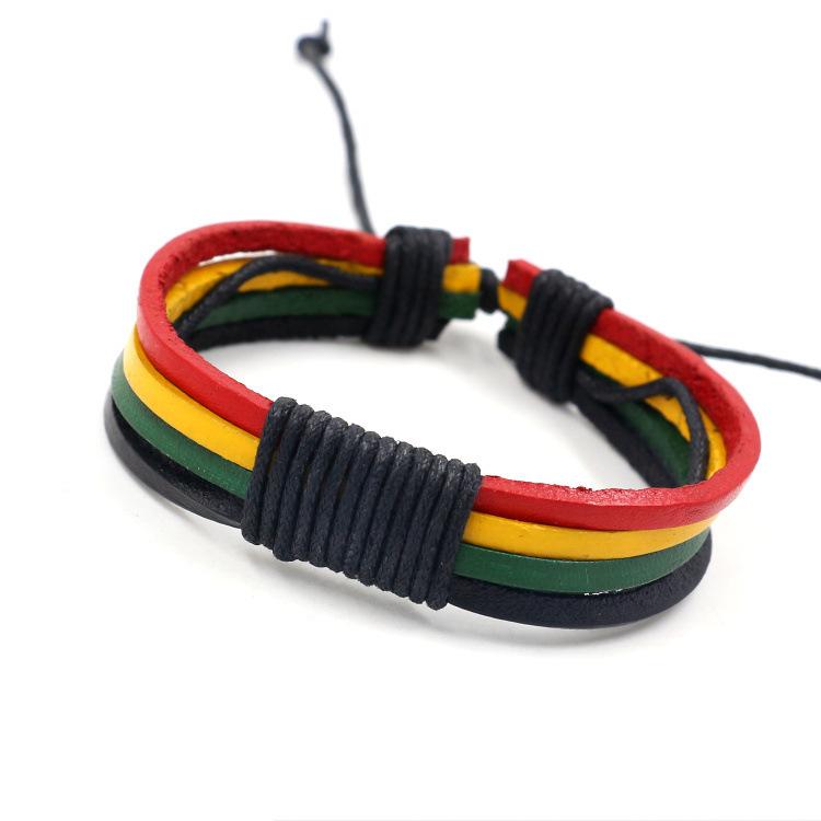 Red, Yellow and Green Handwoven Leather Bracelet